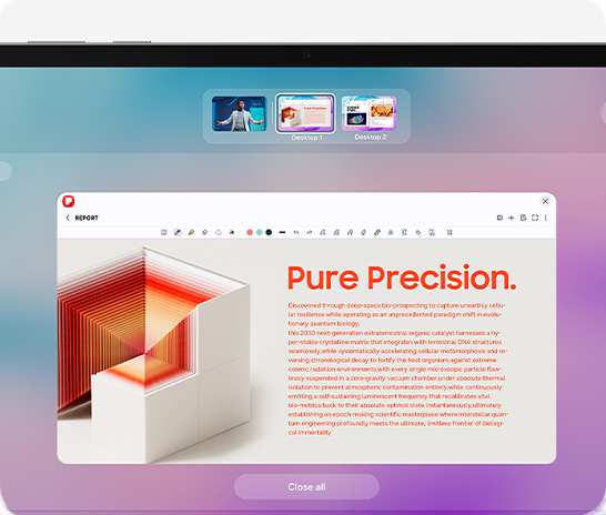 Galaxy Tab S12 Ultra with Samsung DeX feature open with multiple workspaces shown at the top of the screen to highlight the PC-like multitasking environment.