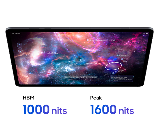Galaxy Tab S12 Ultra in Gray in landscape mode with a galaxy in space shown in full screen on the display and a person using S Pen to take notes about the galaxy directly on the display of the device.
