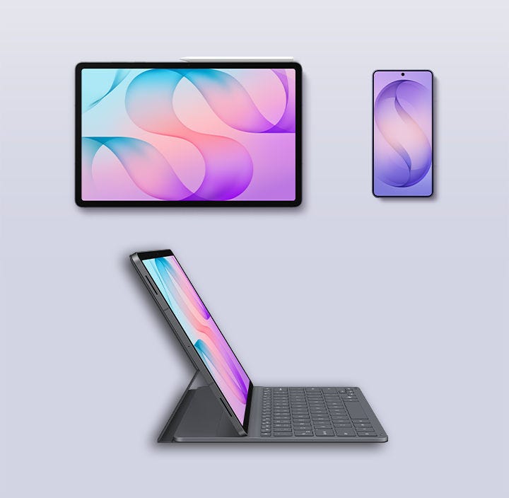 Galaxy Tab S12 Ultra with S Pen attached and Galaxy S26 Ultra are shown. Galaxy Tab S12 Plus with Book Cover Keyboard Slim attached, showing the side.