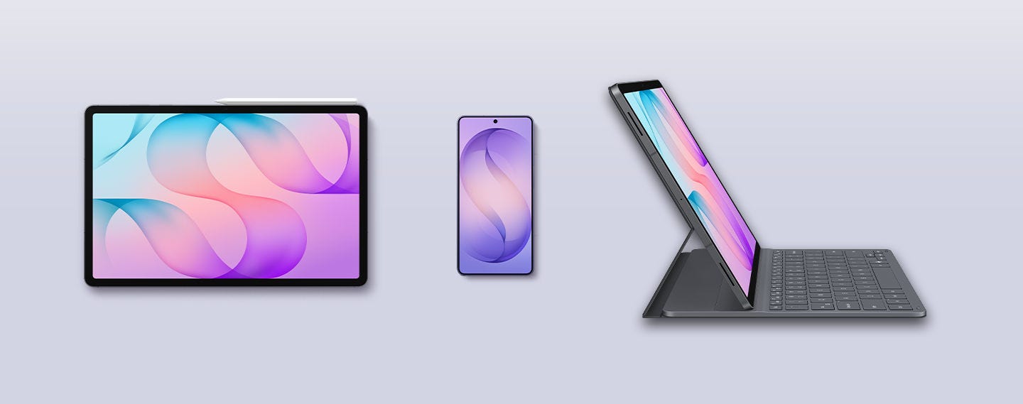 Galaxy Tab S12 Ultra with S Pen attached and Galaxy S26 Ultra are shown. Galaxy Tab S12 Plus with Book Cover Keyboard Slim attached, showing the side.
