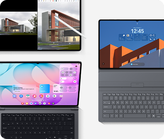 Galaxy Tab S12 Ultra with S Pen touching the screen in a two-way split window view. Galaxy Tab S12 Ultra with Pro Keyboard attached and a customizable home screen shown. Galaxy Tab S12 Ultra with Book Cover Keyboard Slim attached and a customizable lock screen shown.