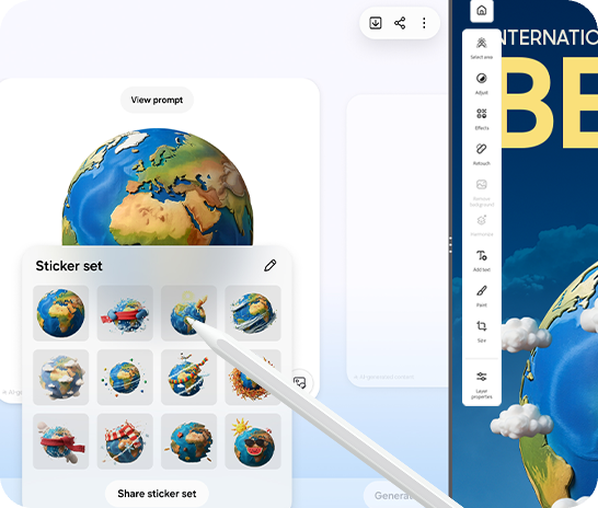 Creative Studio open on Galaxy Tab S12 Ultra, displaying an illustration of the Earth in the center. A Sticker set is created using the illustration and the S Pen is pointing to one of the stickers.
