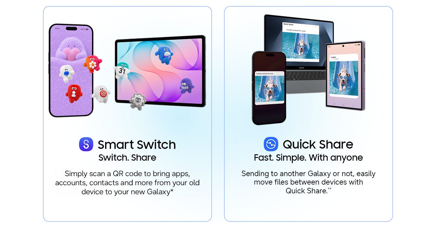 A smartphone device silhouette with Smart Switch icon onscreen is shown transferring data to another compatible smartphone device with multiple data layers.