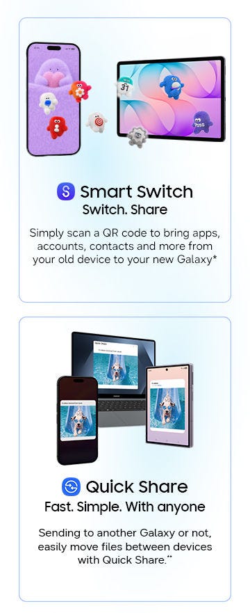 A smartphone device silhouette with Smart Switch icon onscreen is shown transferring data to another compatible smartphone device with multiple data layers.