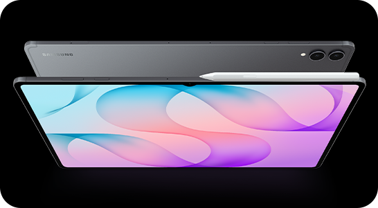 Two Galaxy Tab S12 Ultra devices in Gray with the backsides facing each other. The one in the front has an in-box S Pen attached at the top. Galaxy Tab S12 Ultra has thickness of 5.1 mm. Close-up view of two Galaxy Tab S12 Ultra devices in Gray shown from the side, highlighting the slim profile. Close-up view of Galaxy Tab S12 Ultra in Gray, highlighting the rear cameras.