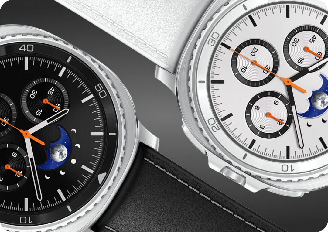 An image of Galaxy watch 8 in black and white colourways