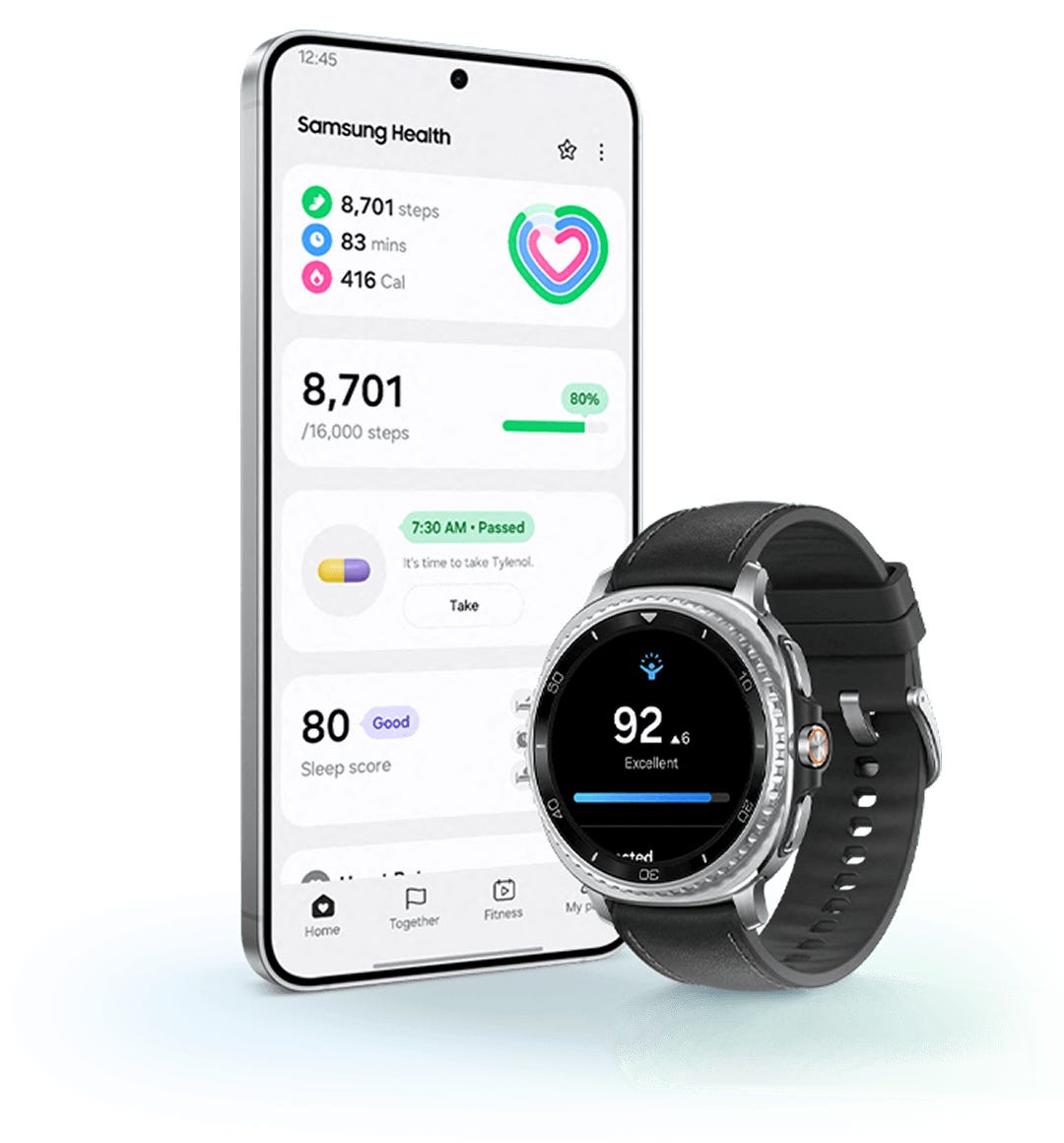 Samsung phone and watch side-by-side with Samsung Health app open with statistics values shown.