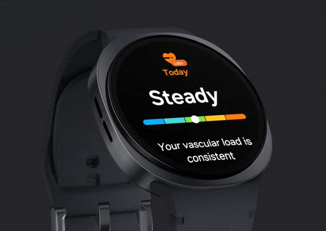 A close-up of the device showing a heart health reading