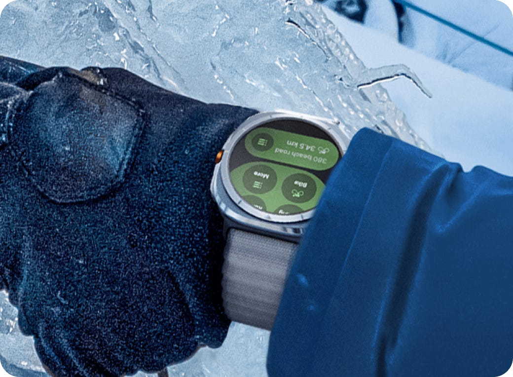 A photo of the Watch Ultra outdoors in extremely cold conditions showing it's temperature resistance