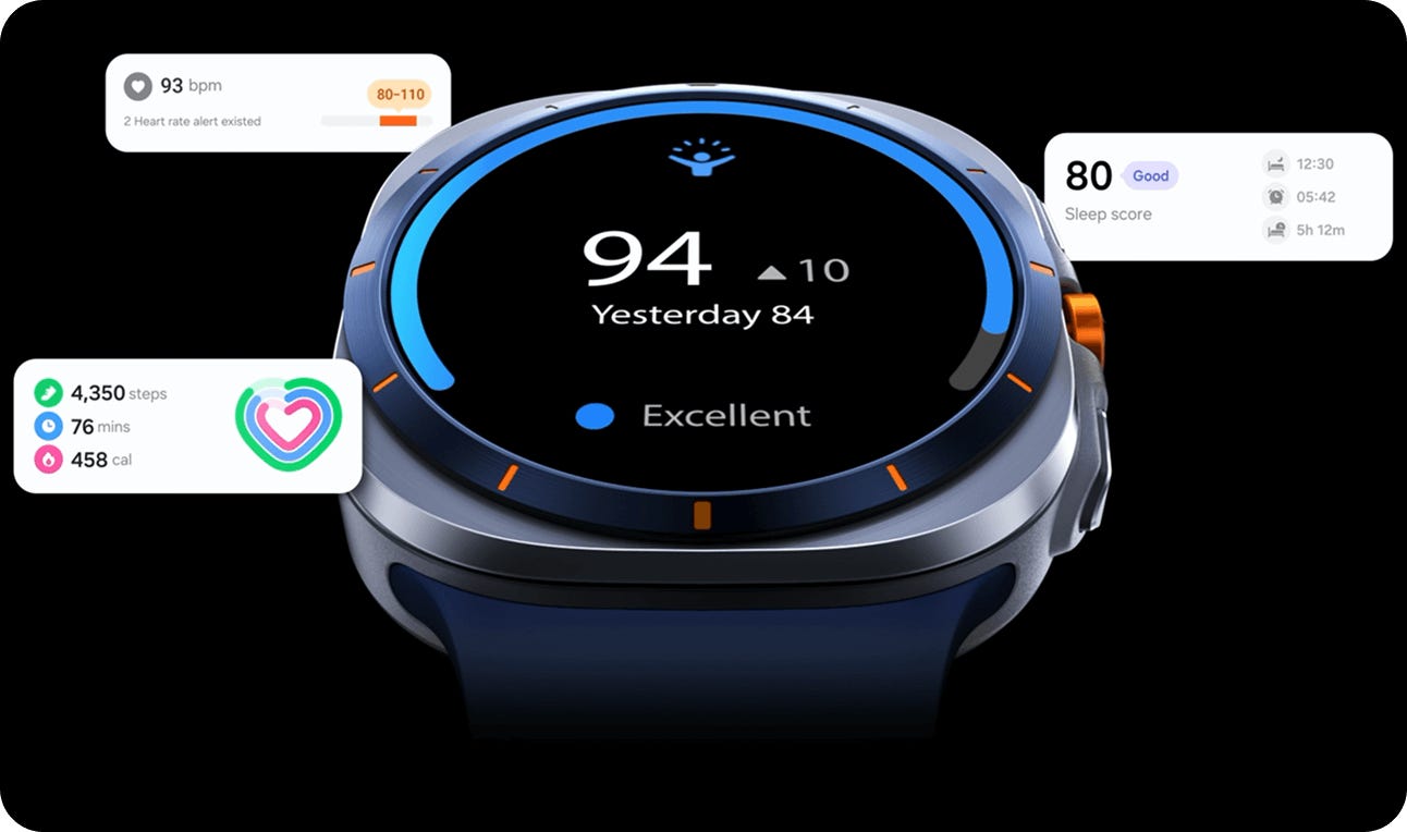 a view of the Galaxy Watch Ultra face with health feature highlights around it.