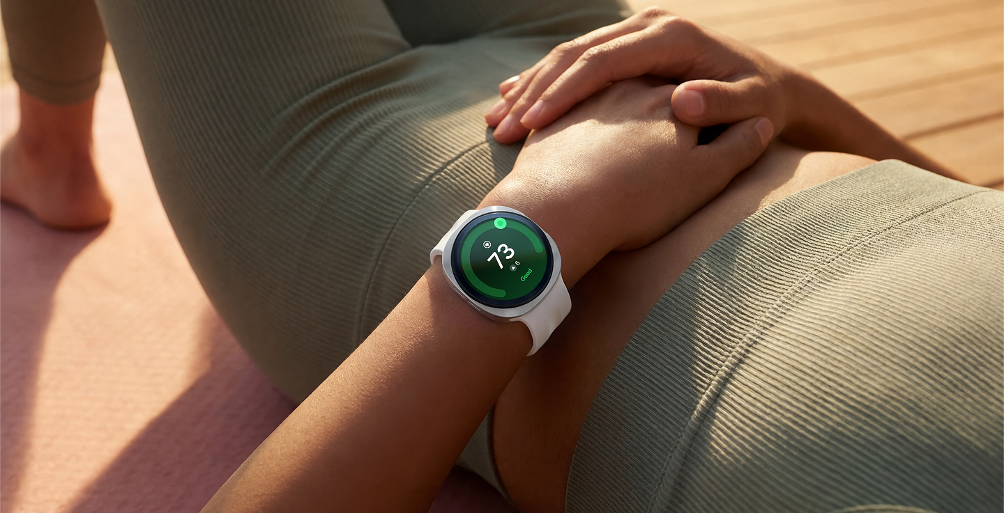 A person laying on a yoga mat hands resting on their stomach with the Watch9 on their wrist showing their heart rate