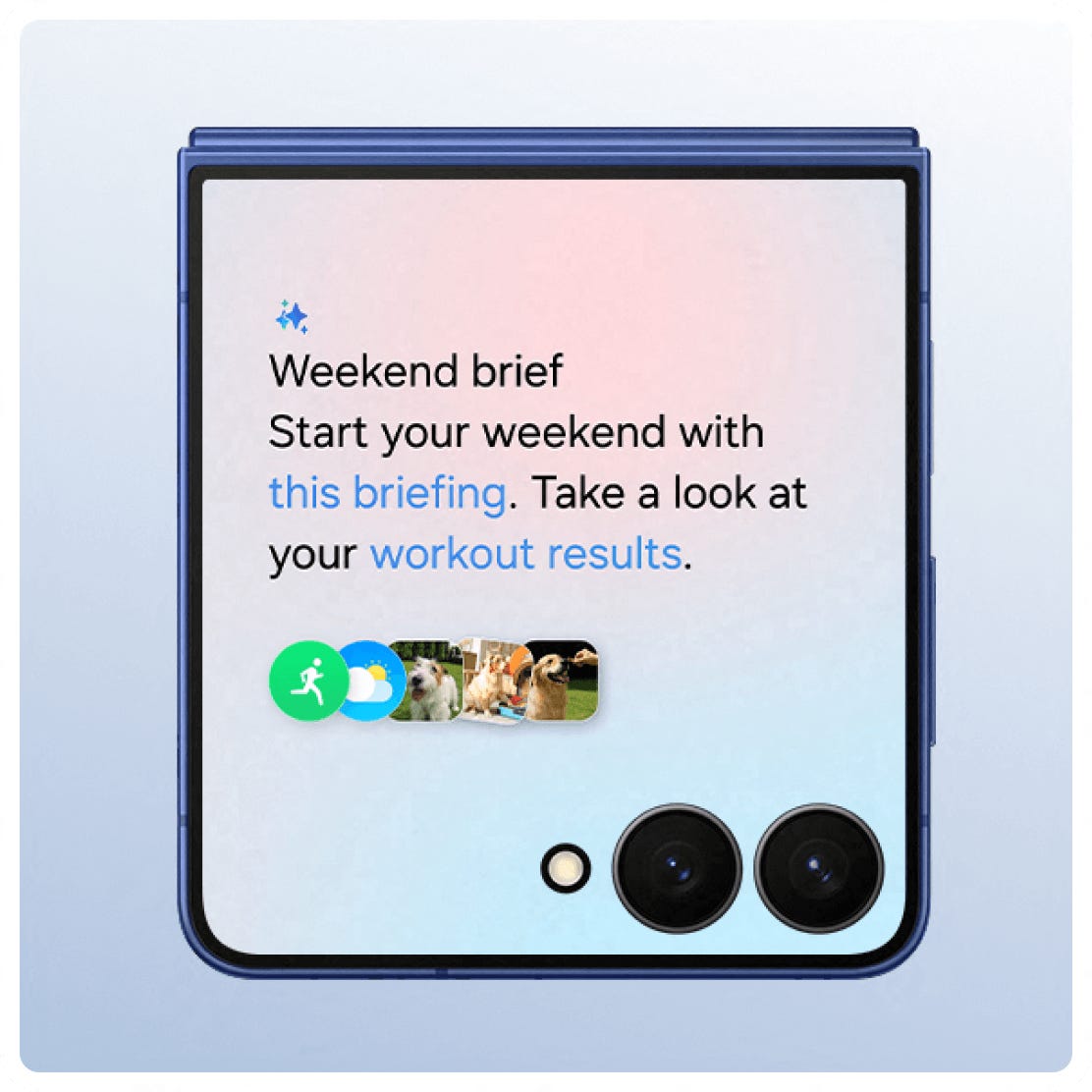 Phone flipped shut showing screen with gemini summary of your week with accessible links.