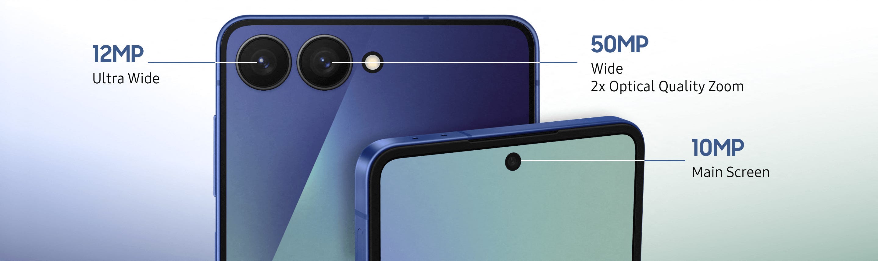Detailed composite image labelling each of the 3 cameras present on the Galaxy Z Flip7