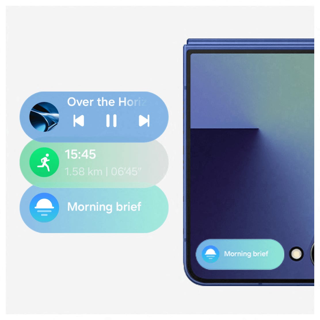 Flip7 shown closed with NowBrief feature highlighted with widgets next to the phone.