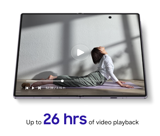 The Fold8 device showing a paused video of a woman doing yoga