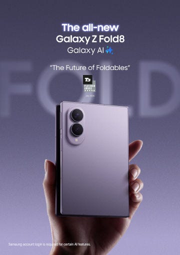 Promo image for the Fold8 device showing someone holding the phone and an award symbol.