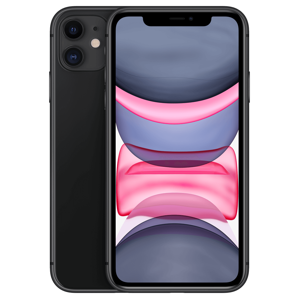 iPhone 11 in black, front and back facing