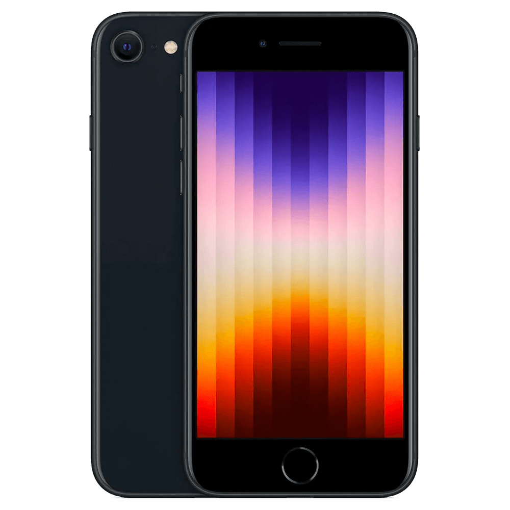 iPhone SE in black, front and back facing