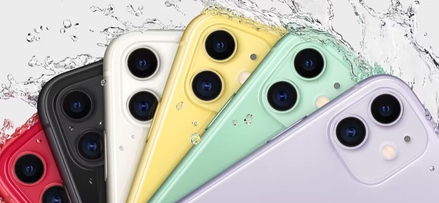 a spiral of 6 iPhone 11s in purple, green, yellow, white, black and red.