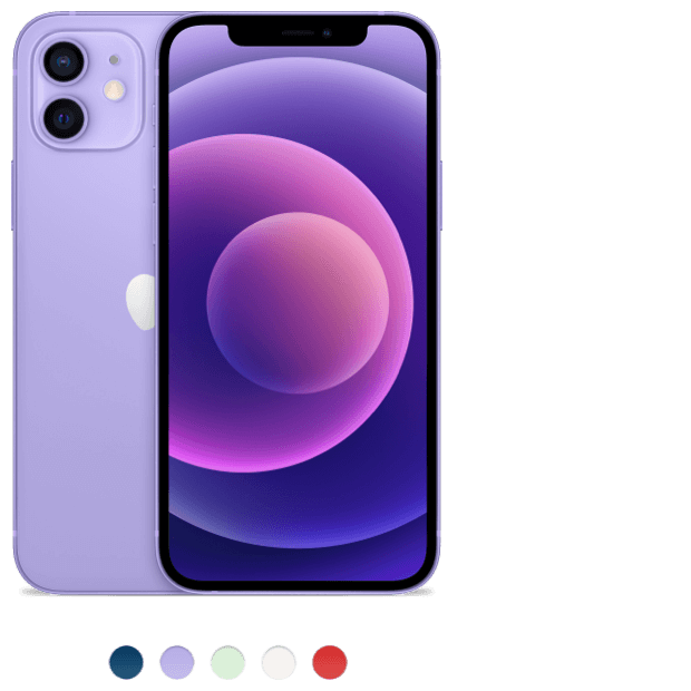2 iPhone 12s in purple, shown front and back 