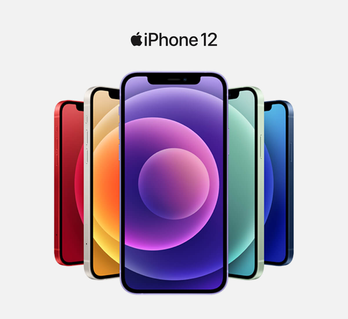 image of five iPhone 12s in red, orange, purple, green and blue.