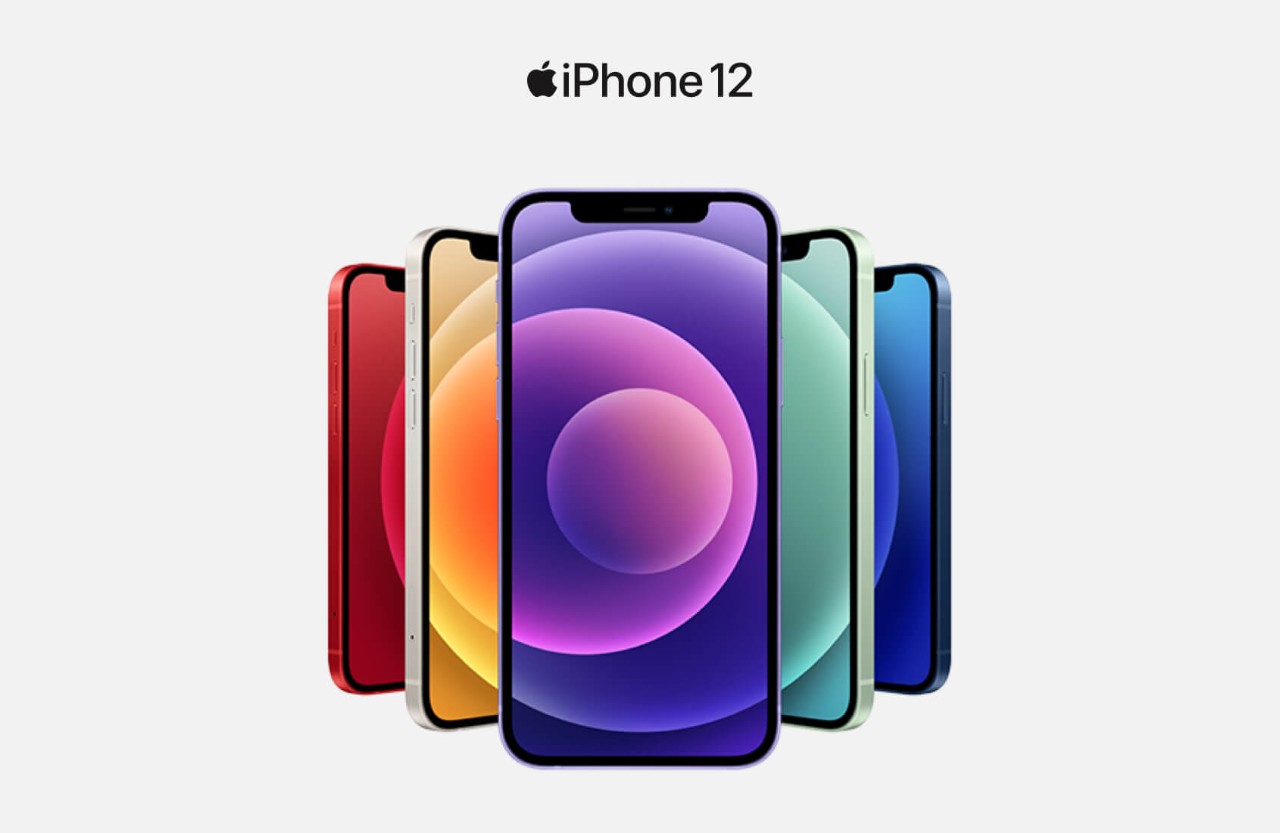 image of five iPhone 12s in red, orange, purple, green and blue.