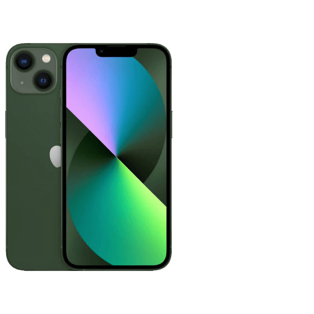 2 iPhone 13s in green, shown front and back.