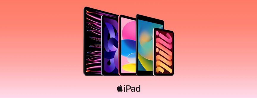a row of 5 iPads of varying sizes and colours, standing at an angle.