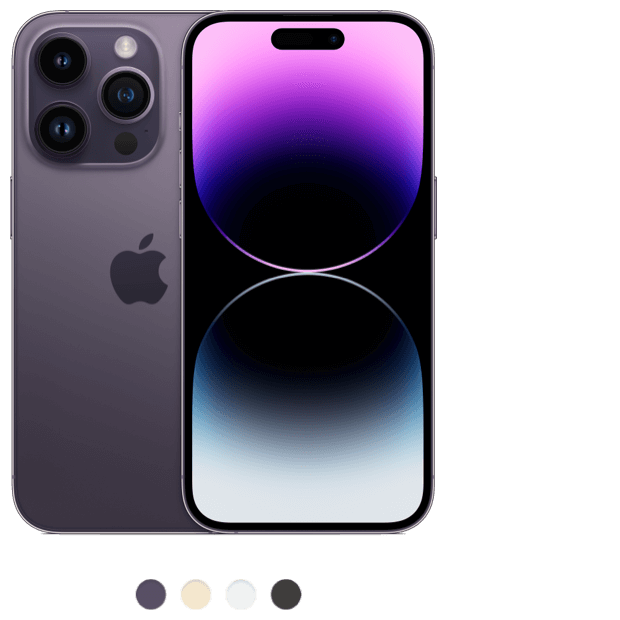 2 iPhone 14 Pros in deep purple, shown front and back