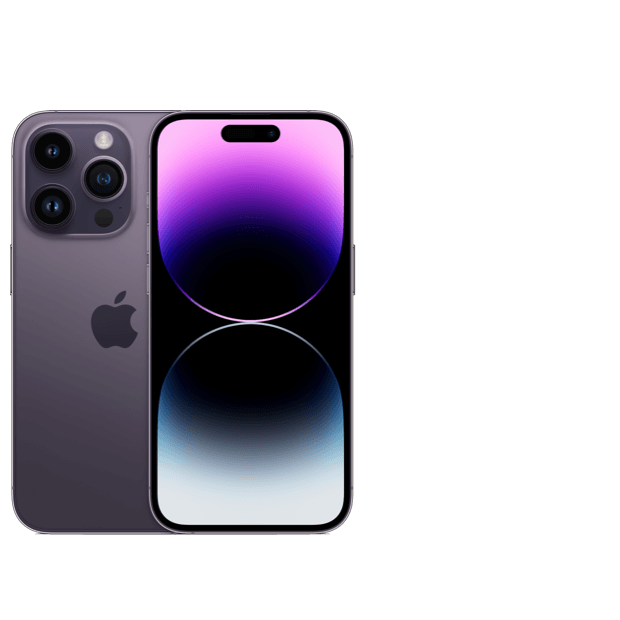 2 iPhone 14 Pros in deep purple, shown front and back