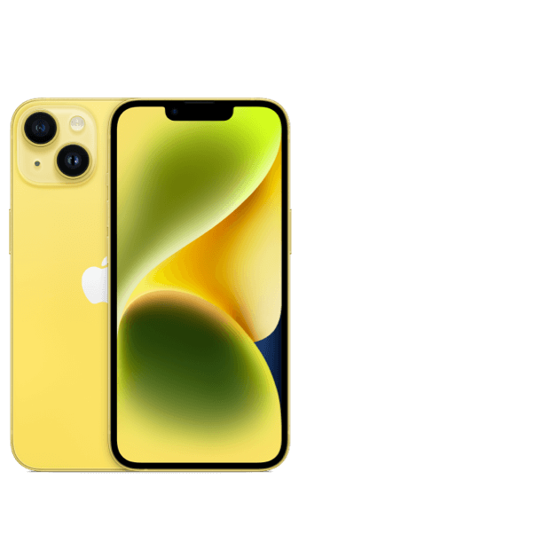 2 iPhone 14s in yellow, shown front and back