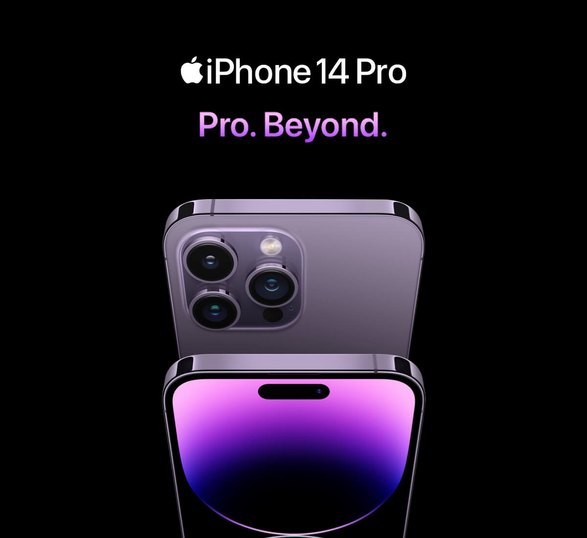 image of 2 iPhone 14 Pros – one facing the front so we can see its purple display, the other sits above and faces backwards so we can see its rear camera system. Both are tilted forwards so we can see the curved edges of the phones.