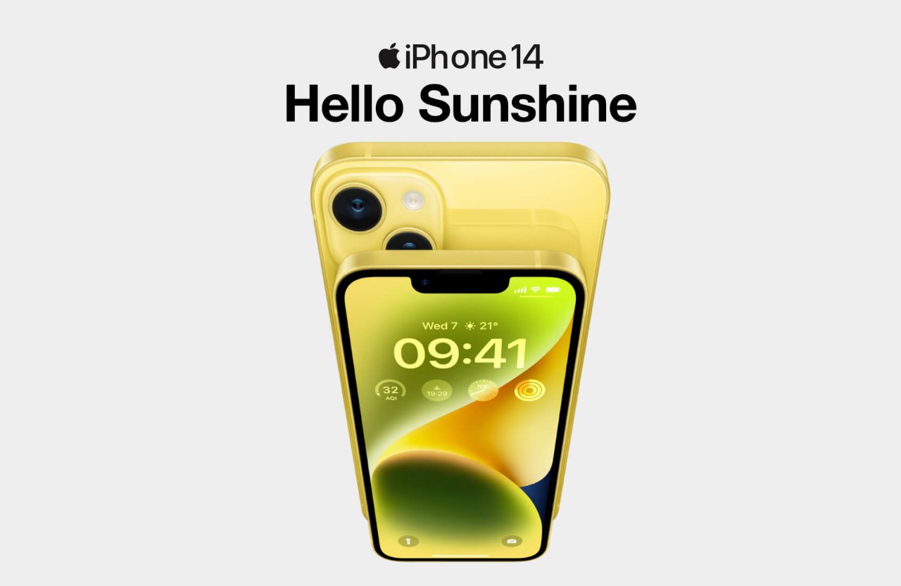 image of two iPhone 14s in yellow with text above saying ‘Hello sunshine’.