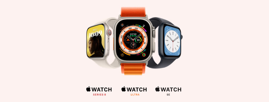 curve of 3 Apple Watches: Apple Watch Ultra in orange, Apple Watch Series 8 in starlight, and Apple Watch SE in midnight.