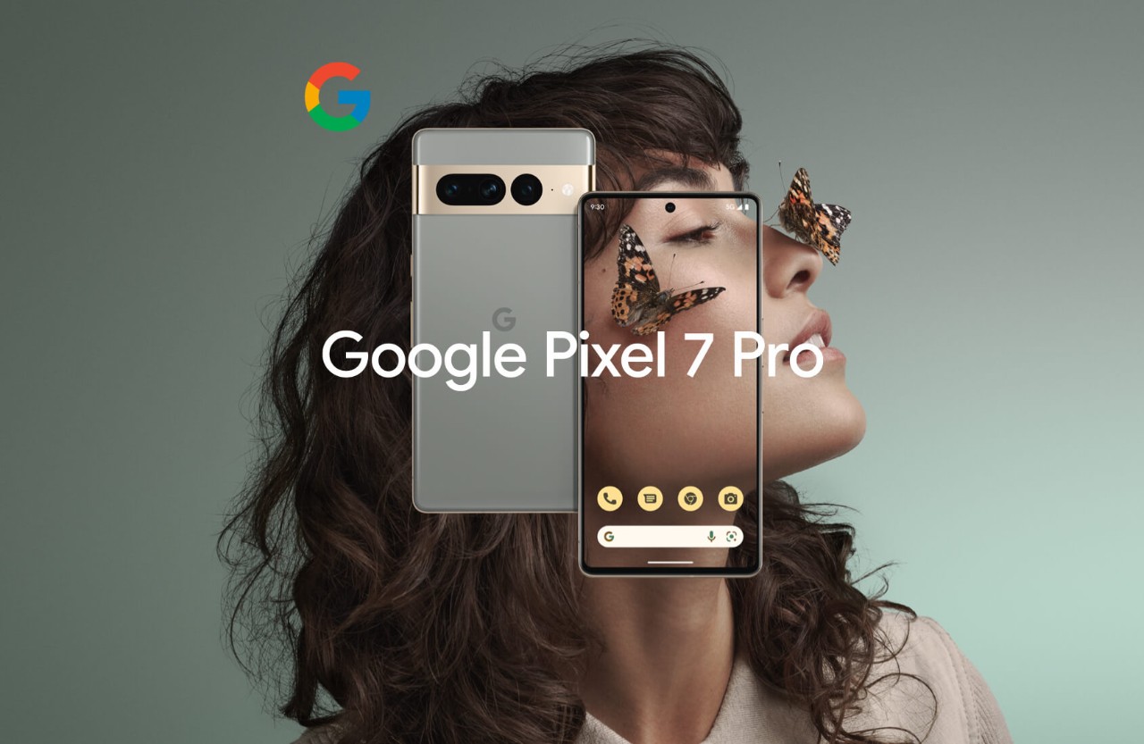 a woman’s face in profile with a butterfly on her cheek and nose. 2 Google Pixel 7 phones are shown, front and back.