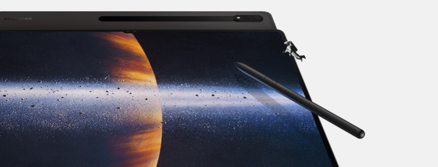  Image of a Samsung Galaxy Tab S8 Ultra showing an astronaut flying onto the screen, with S Pen.