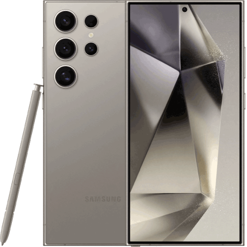 Image of 2 S24 Ultras, front and back with S Pen