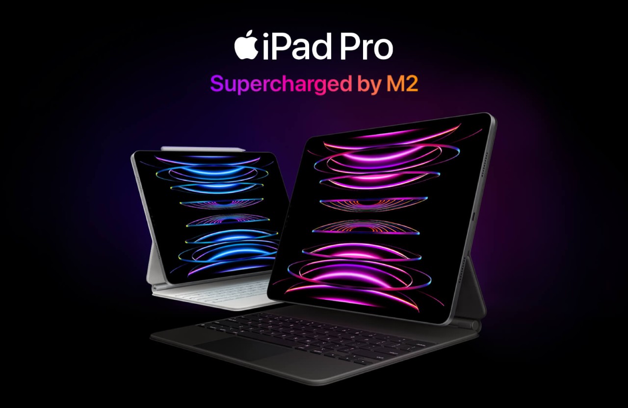 image of 2 iPad Pro in white and black, with ‘Supercharged by M2’ in text.