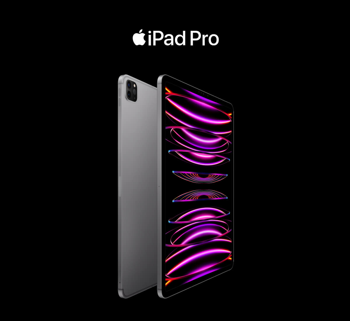 2 iPad Pro, shown front and back with a purple screen.